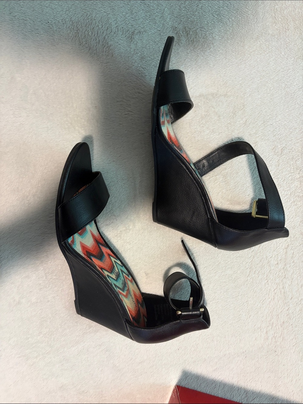 American Eagle By Payless Black Wedge Sandals with Colorful Zigzag Insole
